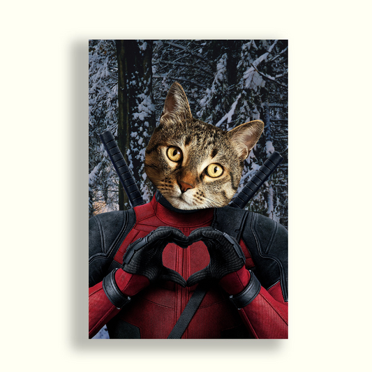 Gato vestido de deadpool haciendo un corazon con las manos con arboles nevados de fondo - Pet Print Product