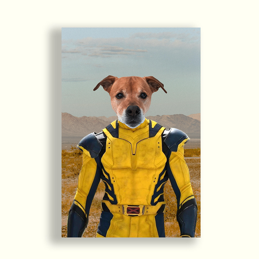 Perrito vestido con el traje amarillo de wolverine (deadpool 3) con el desierto de fondo - Pet Print Product