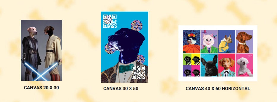 Tres ejemplos de cuadros con sus tamaños. Canvas veinte por treinta, canvas treinta por cincuenta y canvas cuarenta por sesenta horizontal - Pet Print Banner