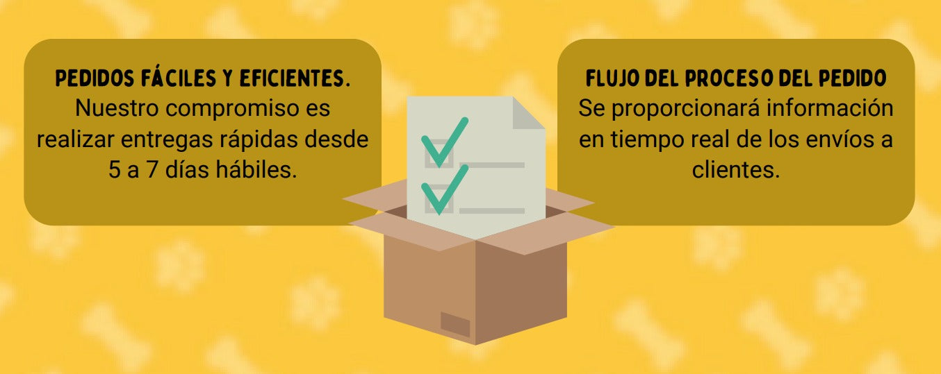 Icono de una caja de paqueteria con los textos Pedidos faciles y eficientes y Flujo de proceso del pedido - Pet Print