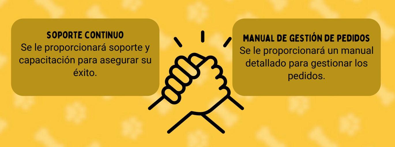 Icono de manos estrechandose, con los textos Soporte continuo y Manual de gestion de pedidos - Pet Print