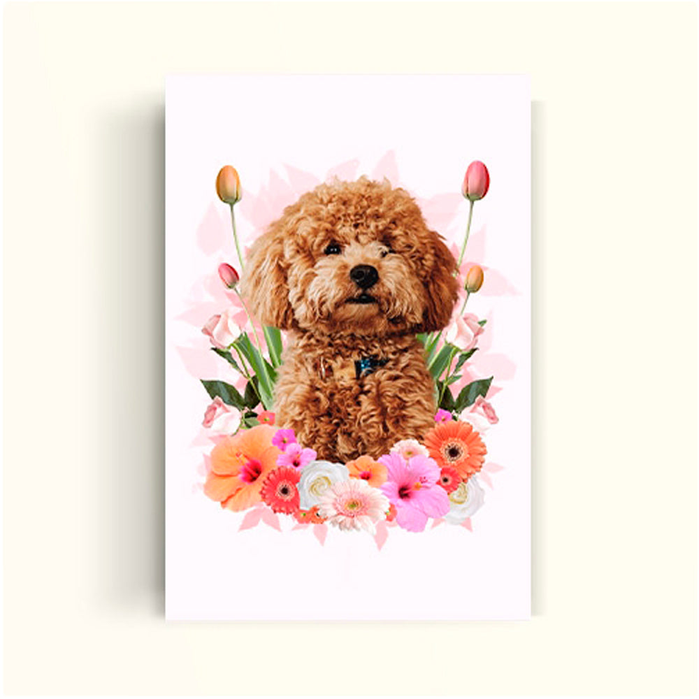 Perrito cafe rodeado de flores rosadas y rojas