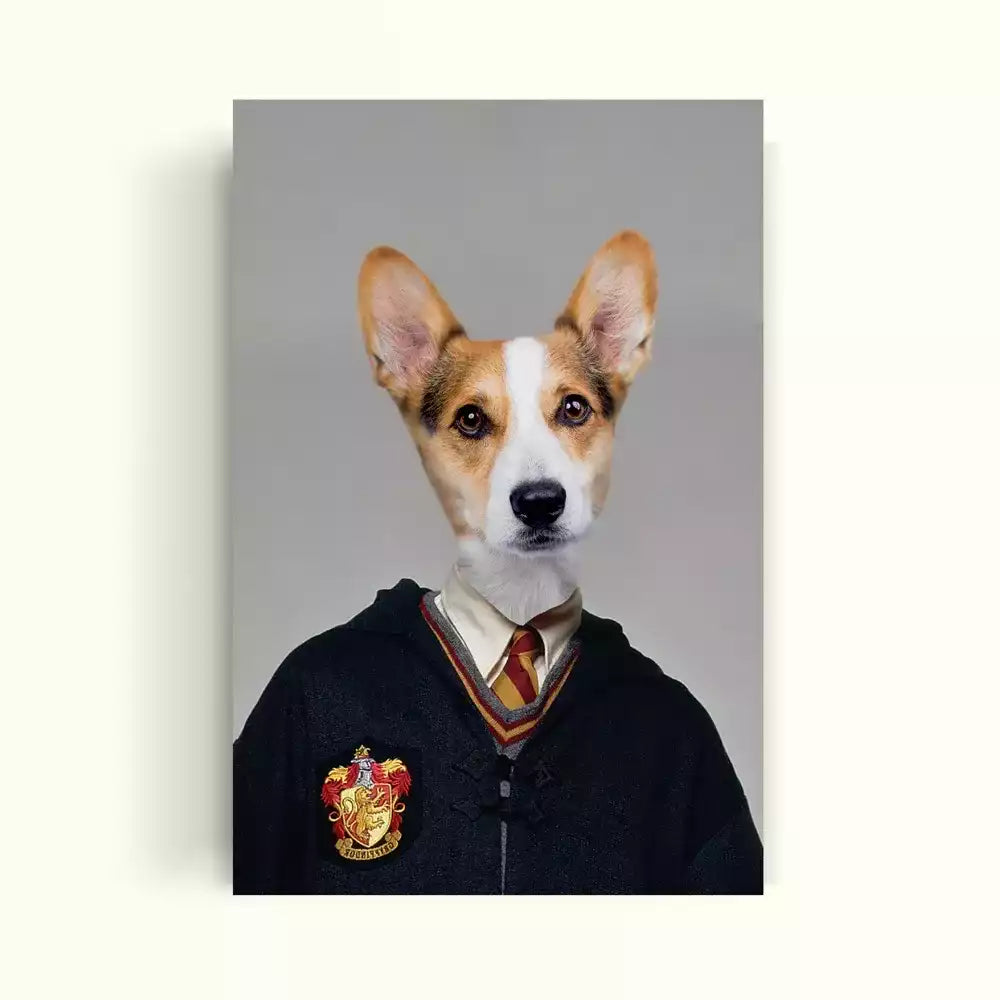 Perrito vestido con el uniforme de Gryffindor de la saga harry potter