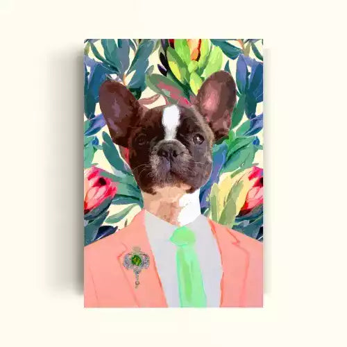 Perrito vestido con un traje rosa en un fondo floreado
