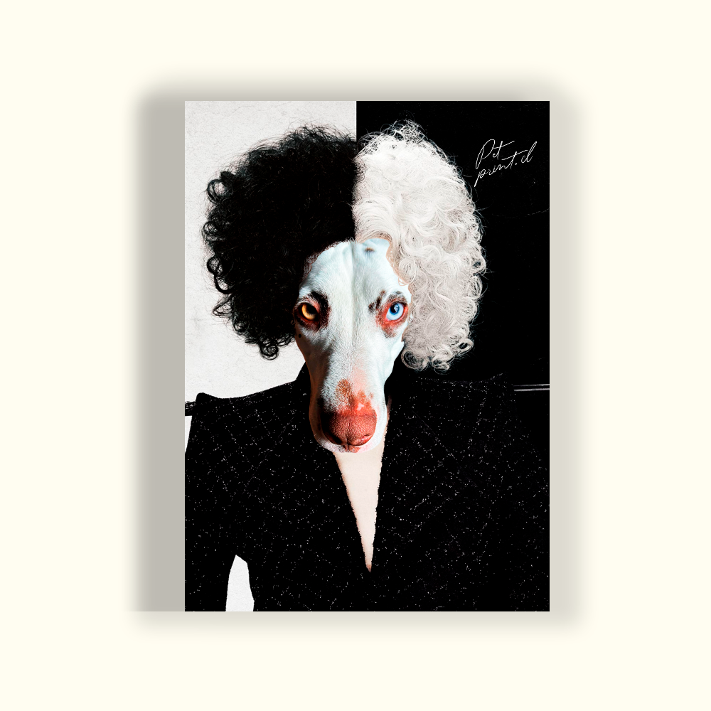 Cruella de vil con la cara de un dalmata con un fondo mitad blanco y mitad negro - Pet Print Product