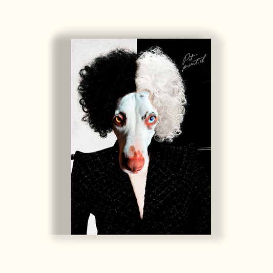 Cruella de vil con la cara de un dalmata con un fondo mitad blanco y mitad negro - Pet Print Product