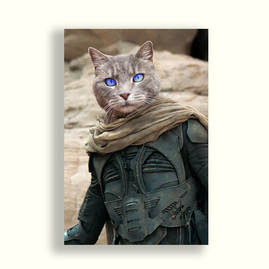 Gato de ojos azules vestido como protagonista de Dune