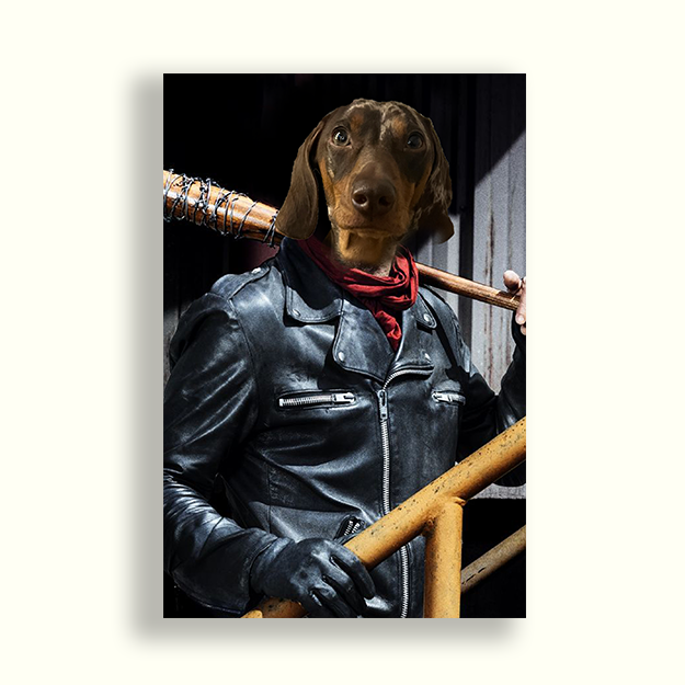 Perro con la ropa de Negan de la serie The walking dead