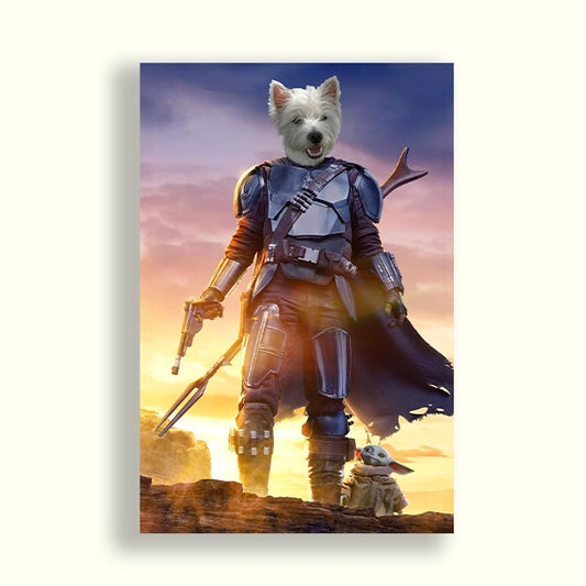 Perrito blanco vestido como mandaloriano al lado de baby yoda