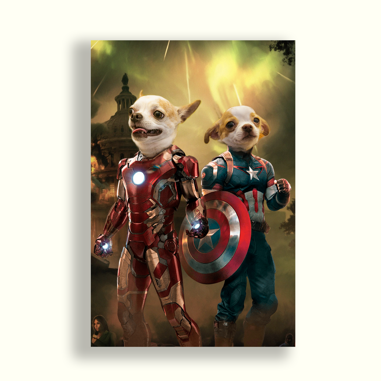 Perrito vestido como iron man al lado de otro perrito vestido de capitan america en una ciudad destruida (los vengadores)