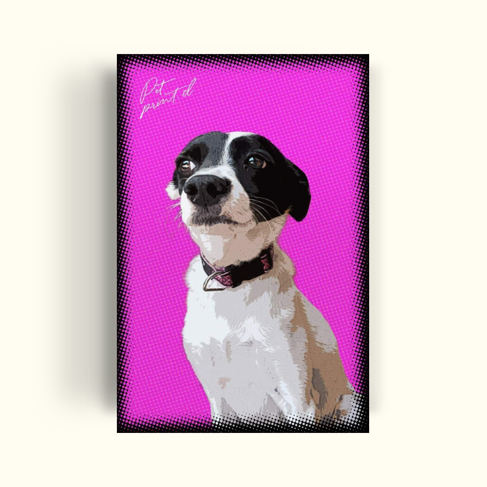 Perrito blanco con cara negra con un fondo rosado con estilo de comic