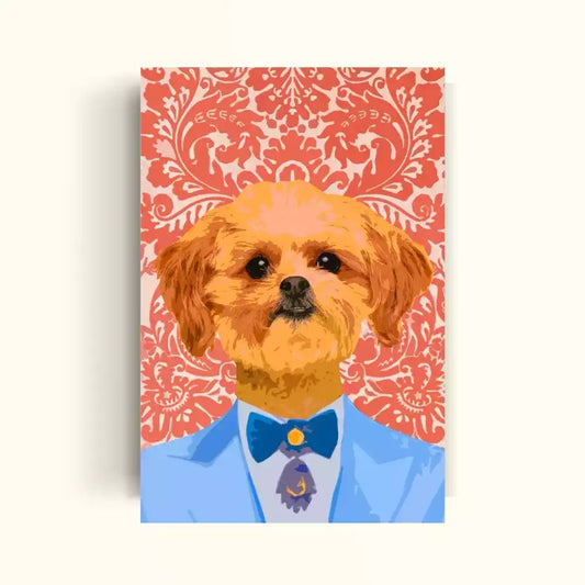 Perrito cafe claro vestido con un traje azul en un fondo floreado