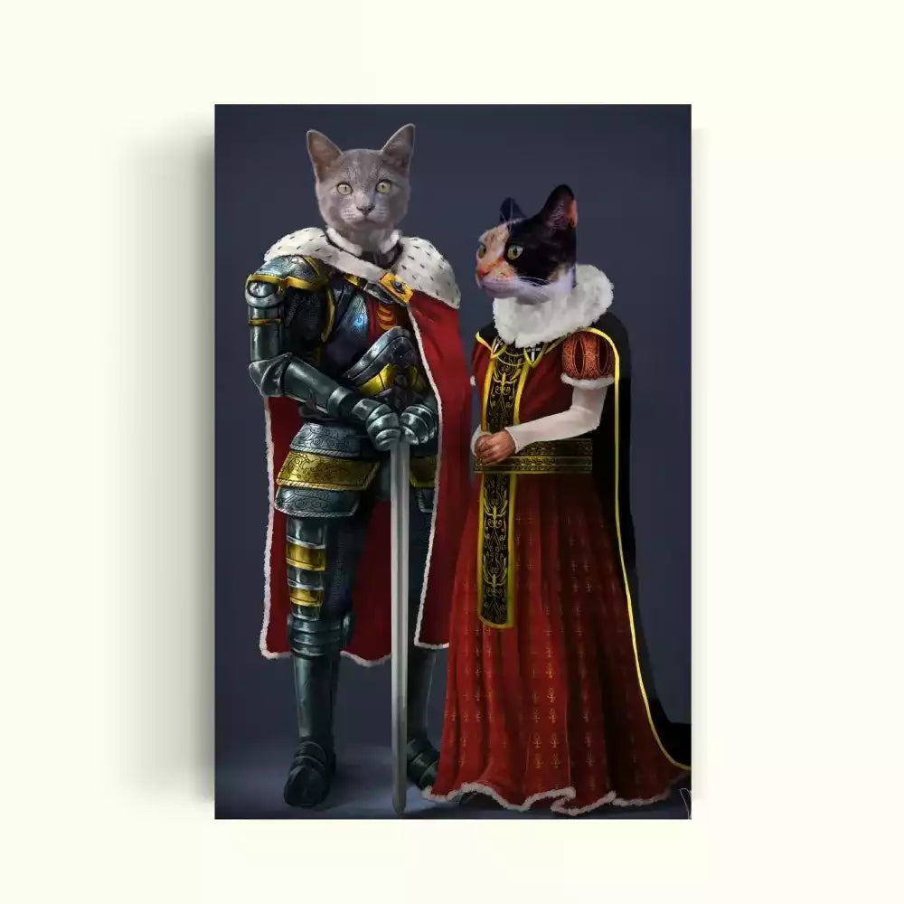 Gatito gris vestido como rey con una espada en la mano junto a un gatito vestido como reina con un vestido rojo
