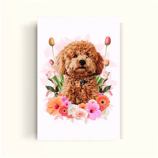 Perrito cafe rodeado de flores rosadas y rojas