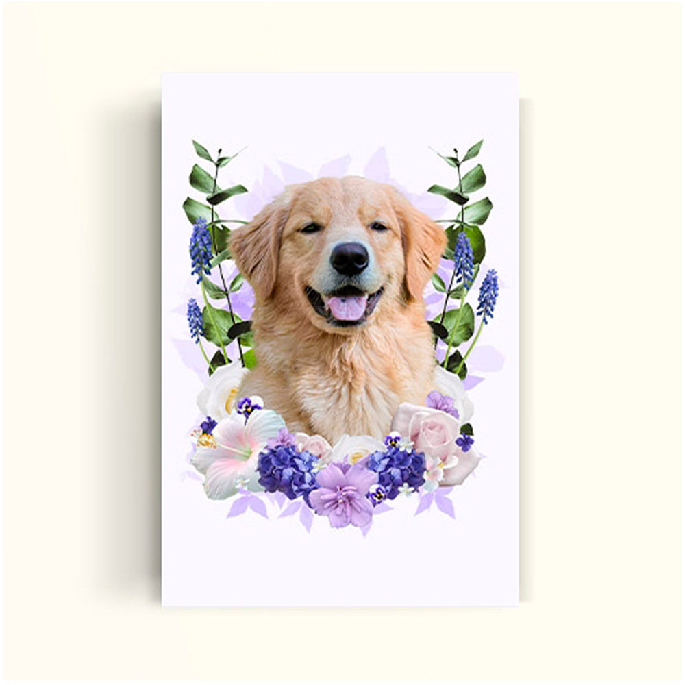 Perrito cafe rodeado de  flores lilas