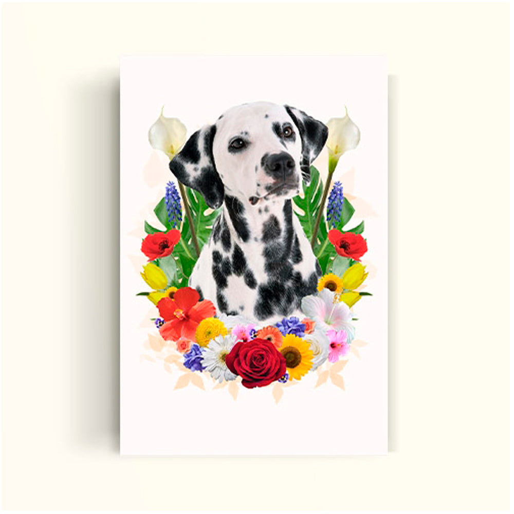 Perrito dalmata rodeado  de flores