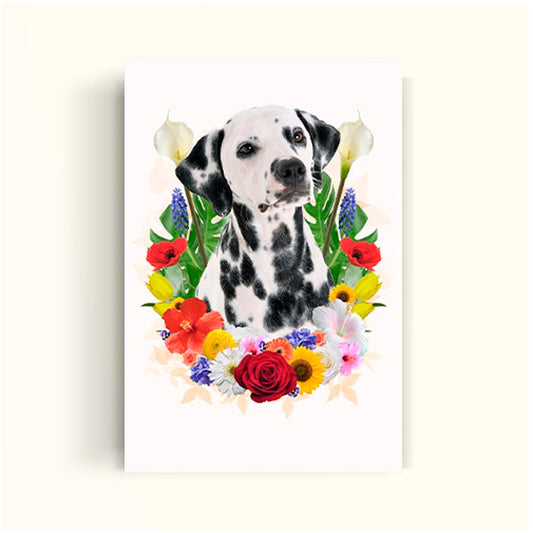 Perrito dalmata rodeado  de flores