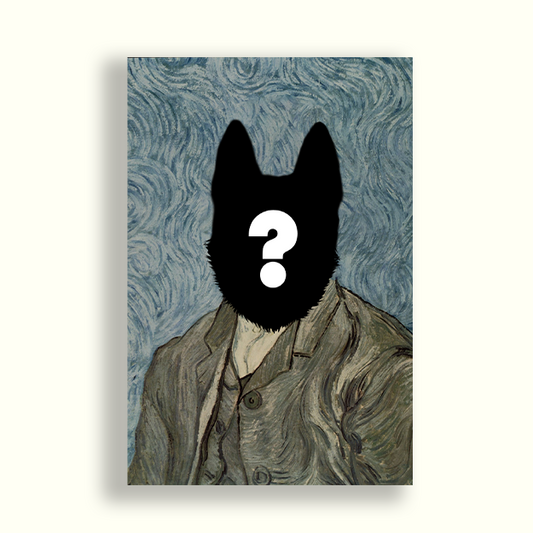 Silueta de perro con interrogante en la cara, con el cuerpo de Van Gogh, para cuadros totalmente personalizados