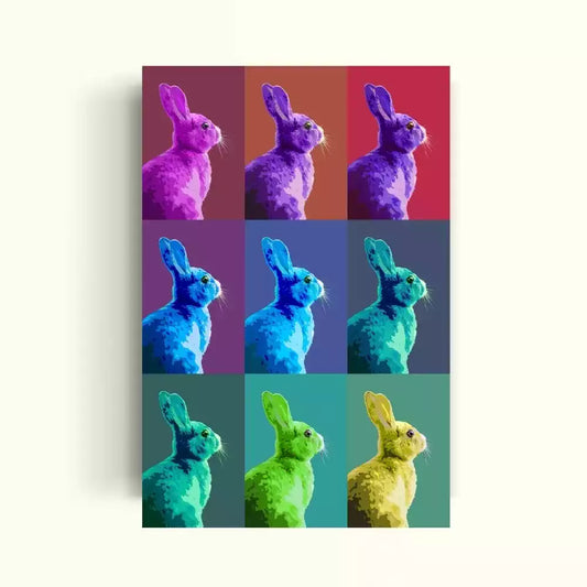 Cuadro de arte pop con nueve copias de un conejo en diferentes colores