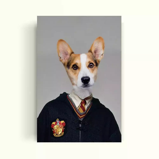 Perrito vestido con el uniforme de Gryffindor de la saga harry potter