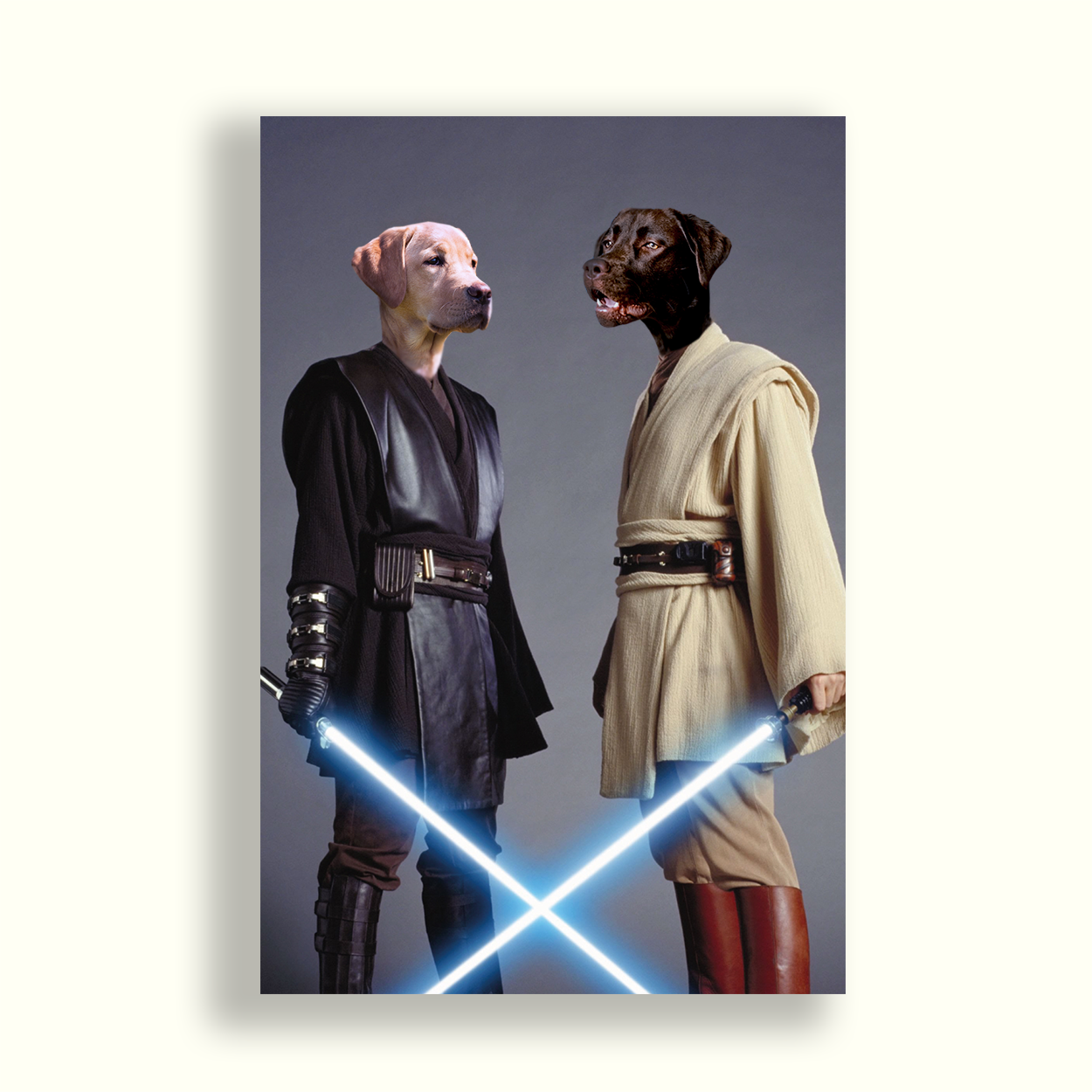 Perrito vestido como anakin skywalker al lado  de  otro perrito vestido como obi wan kenobi (star wars)