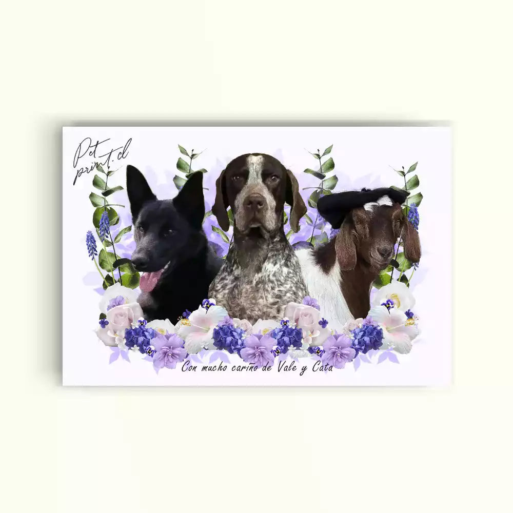 Dos perritos y una cabra rodeados de flores en un cuadro horizontal