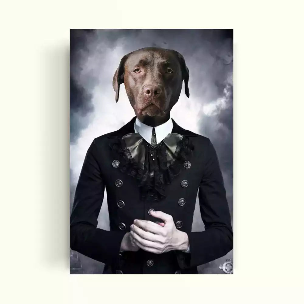 Perrito vestido con un traje negro simulando un vampiro