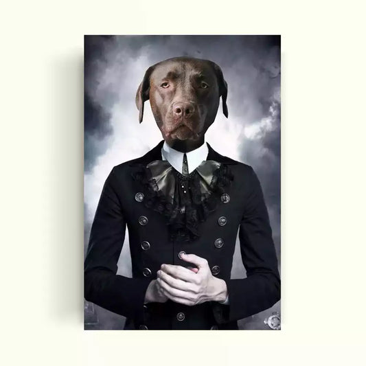 Perrito vestido con un traje negro simulando un vampiro