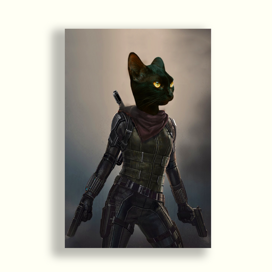 Gato negro vestido como la viuda negra (black widow) de los vengadores