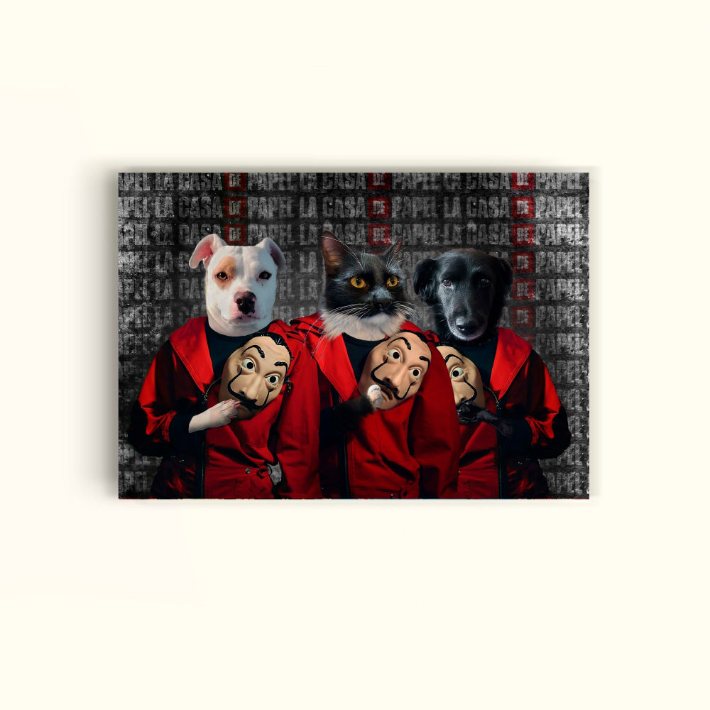 Un perro blanco y otro negro, y un gato negro vestidos de rojo con la mascara de Salvador Dali de la serie La casa de papel