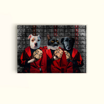 Un perro blanco y otro negro, y un gato negro vestidos de rojo con la mascara de Salvador Dali de la serie La casa de papel